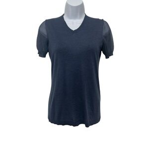 Giorgio Armani Main Line Blue Knit Top with Sheer Short Sleeves, Size 6